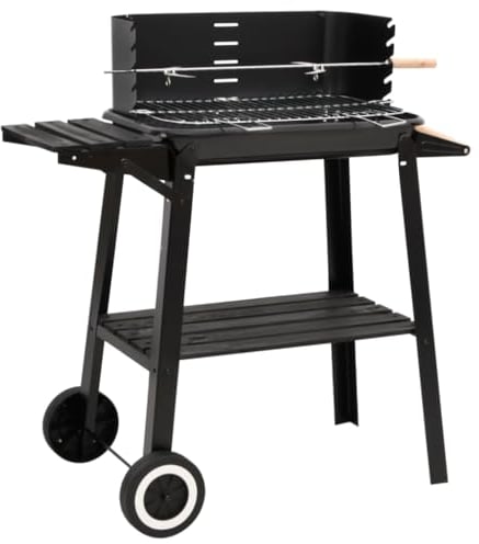 vidaXL Barbacoa de Carbón, Barbacoa con Ruedas Palo Rejilla, Parrilla de Carbón Ajustable en Altura, Asador para Jardín Patio, Acero Negro