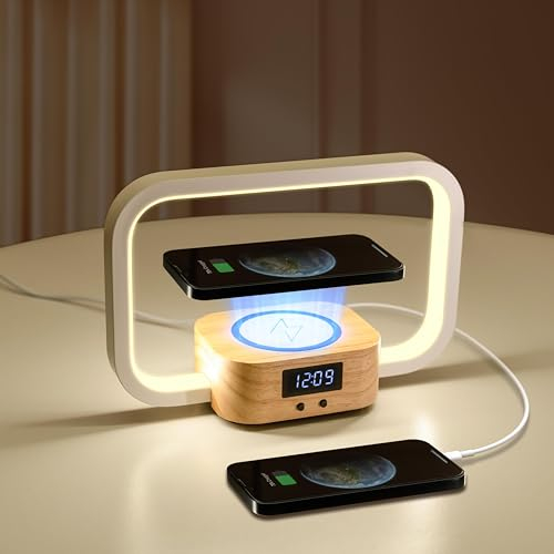 YAMYONE Lámpara de Noche con Cargador Inalámbrico y Carga USB, Lámpara de Mesa 5 Colores Atenuación Continua, Lámpara Escritorio Pantalla de Reloj 3 Brillos, Luz Nocturna de Madera para Dormitorio