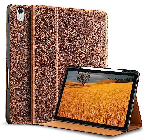 Gexmil Leather Case for iPad (A16) 11th Gen 11,iPad 10th Gen 10.9 | Genuine Leather Cover for iPad 2025 2022,Pencil Holder,Smart Folio Auto Sleep/Wake,Adjustable Stand,Floral Brown