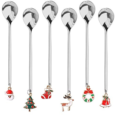6 PCS Cucchiaini da Caffè di Natale,Cucchiai natalizi in acciaio inox,Cucchiai di Natale, in Argento con Pendenti di Natale Albero di Natale Campane,con confezione regalo