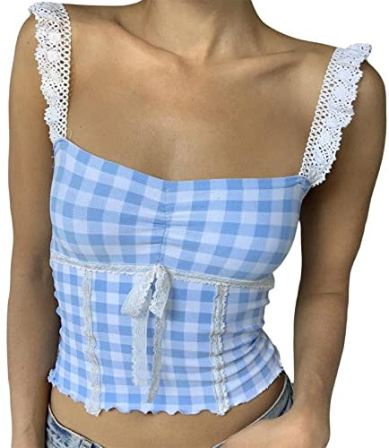 RTGSE Frauen Y2K Graphic Print T-Shirt Gothic Punk Crop Top Casual Kurzarm Crop Tee Vintage Shirts Harajuku 90s Streetwear (Blue Plaid, L)