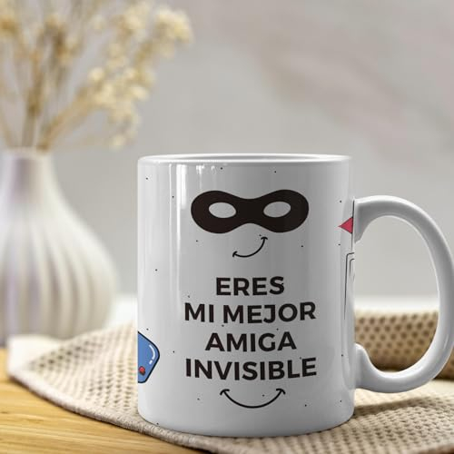 HappyMots Taza regalo Amiga Invisible | Hechas en Cerámica de Calidad | Tazas Desayuno | Apta Para el Microondas y el Lavavajillas | Tazas divertidas | Regalo amiga invisible