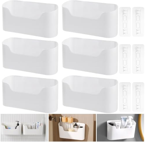 WOPPLXY 6PCS Kitchen Wall Mounted Storage Box - White Self Adhesive - Cabinet, Cupboard, Home Hanging Basket