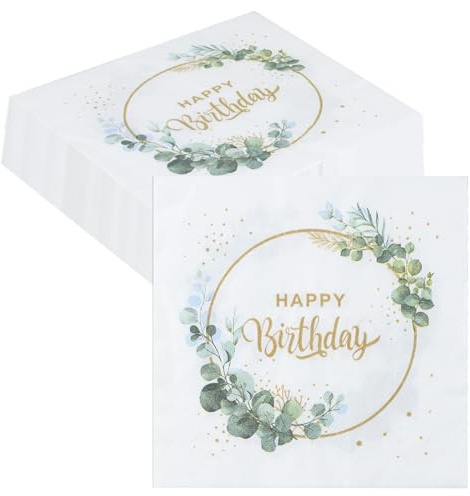 40 Servietten Geburtstag, Servietten Hochzeit, Servietten Eukalyptus, grüne Papierservietten Happy Birthday Napkins für Babyparty Tischdekoration Kommunion Konfirmation Decor, Weiß, 33x33cm