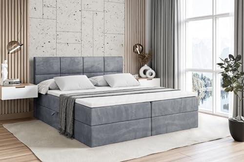 ALTDECOR Boxspringbett mit Matratze und Lattenrost, Boxbett, Topper, Polsterbett mit Bettkasten, Bett mit Stauraum H3-Matratze, Doppelbett, Springboxbett - ARDENI - 200x200 - Grau Samt