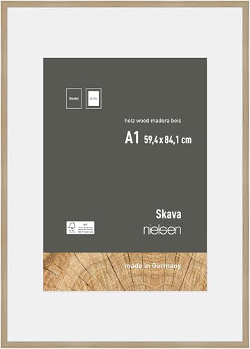nielsen Bilderrahmen mit Passepartout, 59,4 x 84,1 cm (A1), Holz, Eiche, Posterrahmen zum Aufhängen im Hoch- & Querformat, Echtglas, Skava