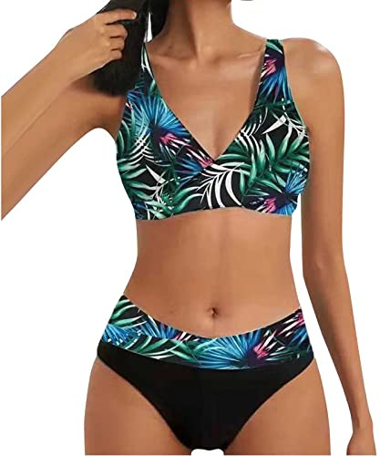 Maillot de Bain Femme 2 Pieces Sexy Col V Vintage Bikini Patchwork Print Outdoor Maillot de Bain Push Up Rembourré Taille Haute Ete Piscine Tankini Nouvelle Habit Femme Pas Cher 05 Multicolore M