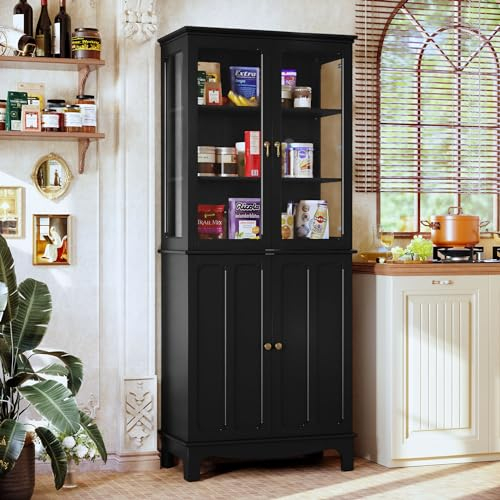 HOLTICO Freistehender Küchenschränke mit Glastür, Glasküchenschrank Vitrinen Klassischer Hoher Schrank mit Glastür und Verstellbaren Regalen für Küche, Wohnzimmer und Esszimmer, Schwarz