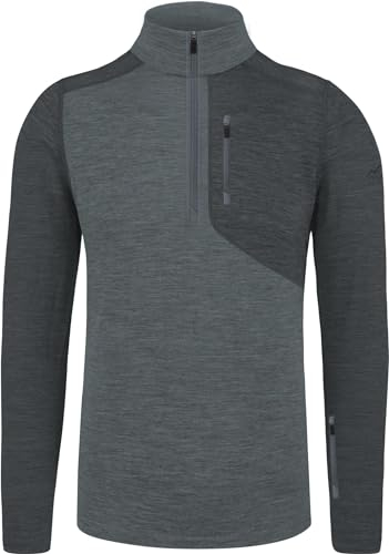 normani Herren Premium Merino Outdoor Langarm-Shirt Longsleeve mit Reißverschluss, 100% Merinowolle Pullover mit 1/4 Zip Farbe Grau/Anthrazit Größe L/52