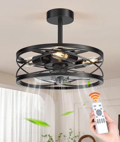 Fivesun Caged Ceiling Fan with Light with Remote, 17 Bladeless Industrial Ceiling Fan with Remote, Farmhouse Fan Lights Ceiling 6 Speed, Timing Fashionable,Matte Black