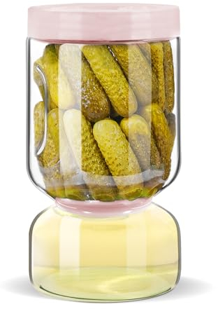 ZENS Pickle Jar with Strainer, 1500 ml Glass Flip Pickle Storage Jar for Pickle Juice Separator, Pickling Jars Hourglass Pickle Container Leak-proof for Gherkin Olive, Gifts for Mom, Pale Pink