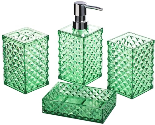 A+KCEYON Bathroom Accessories Set 4 Pcs Green Bathroom Accessories Countertop Soap Dispenser Toothbrush Holder Set Contain Soap Dish Tumbler Diamond Pattern Bathroom Vanity Décor Sets Plastic, CY2104