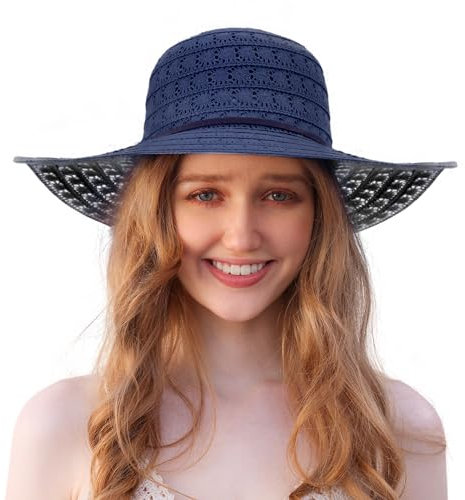 Procity Faltbarer Strohhut Damen Sonnenhut UV Schutz Strandhut mit Breiter Krempe Paris Dark Blue