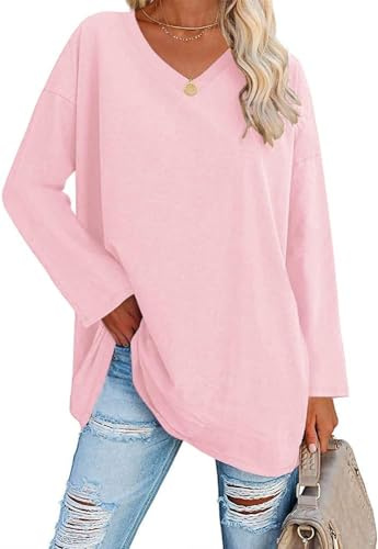 Ebifin T-shirt surdimensionné à manches longues pour femme - Col en V - Haut à manches longues - Tunique basique