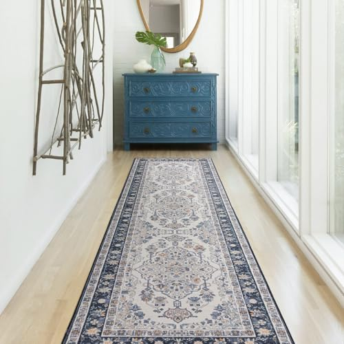 TALETA Teppichläufer Flur rutschfest waschbar, Küchenläufer, Vintage Teppichläufer lang für Küche, Terrassen, Eingang, Hallway - Navy blau, Groß: 80 x 300 cm