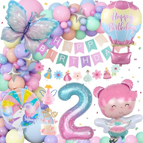 SIMSPEAR Einhorn Geburtstagsdeko 2 Jahre Mädchen, Schmetterlingsballon 2 Jahr Geburtstagsdeko, Einhorn Party Deko für Geburtstags Pastell Luftballons Girlande, Folienballon 2 und Schmetterling Deko