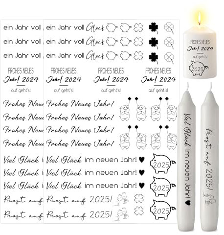 ALLAVA 2 Stück Kerzentattoos Weihnachten, Kerzentattoos Happy New Year A4, Wasserschiebefolie Rub on Sticker Weihnachten, Kerzensticker Kerzenfolie für Kerzen oder Keramik Bogen DIY Stickerbogen B