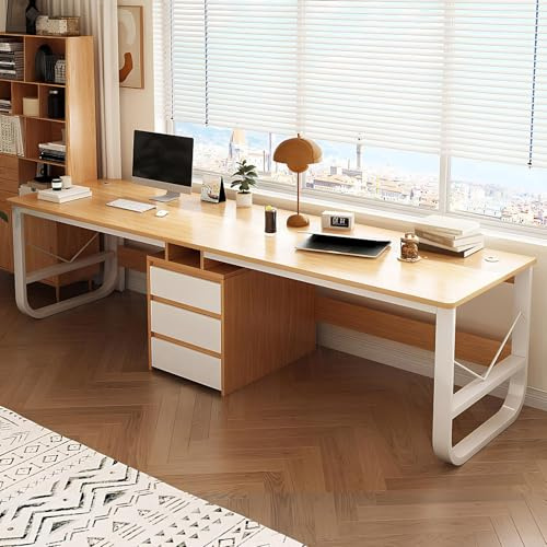 HCBHG Large Two Person Desk with Drawers, Double Gaming Computer Desk Workstation, Wood Writing Study Table, Long Desk for 2 People, for Home Office(Natural,94.48in)
