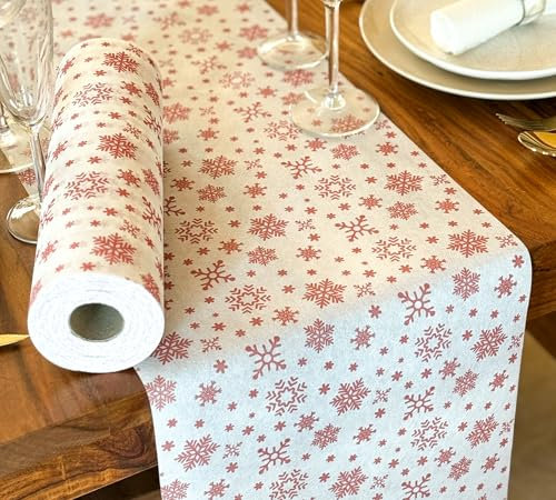 NATUARTE, Tischläufer Weihnachten, VLIESSTOFF 25 Metern x 30 Zentimetern, Tischdekoration, Weihnachtliche Tischdekoration, Weihnachtstischdecke, Farbe Weiß und Rote