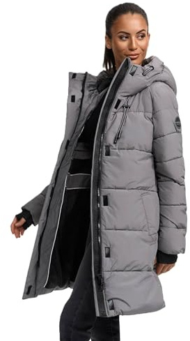 MARIKOO Damen Winterjacke (XS-6XL) - Wasserabweisend, teils mit Fleece, hochstehender Kragen, Steppjacke mit Kapuze, Warme Jacke Frauen - N008
