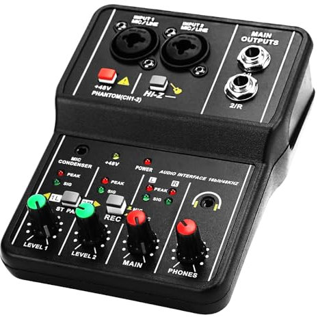 Audio Mixer, Mini 2 Channel Audio DJ Mixer Console Interface with 48V Power Combo Jack Microphone/Guitar XLR+6.35mm, 3.5mm Stereo in, Headphone Jack for Studio Live Show