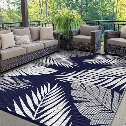 GENIMO Tapis Exterieur Resistant Pluie,Reversible Recyclable Résistant aux UV Tapis Extérieur Terrasse, Tapis Plastique Exterieur pour Balcon, Jardin, Camping, Barbecue, 180x275cm, Bleu Marine & Blanc