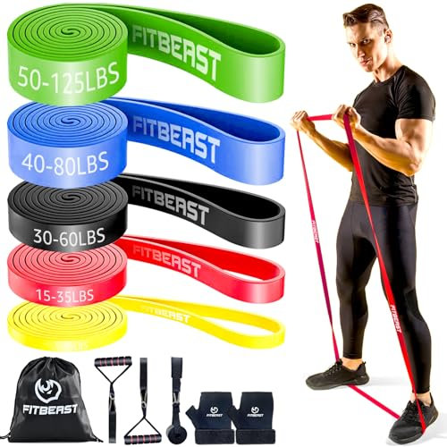 FitBeast Widerstandsbänder Set 5er, Fitnessbänder/Sportbänder mit Griffen & Türanker für Ganzkörpertraining, Krafttraining & Zuhause (5-teiliges Set 5-125 LBS)