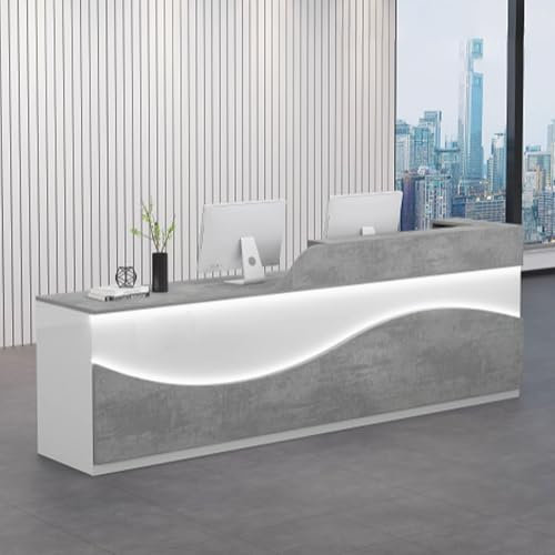 GUQASDV Reception Desk Salon, Empfangstresen für Praxis, Reception Table, Reception Theke mit Stauraum mit Lichtleisten für Supermärkte, Bekleidungsgeschäfte(White+Gray Grain,1m)
