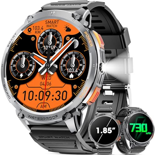 Montre Connectée Homme 1.85 HD 730mAh Militaire Smartwatch avec LED Flashlight Montre Connectée Iphone Android(Réponse aux Appels Bluetooth) Smartwatch Homme avec Fréquence Cardiaque