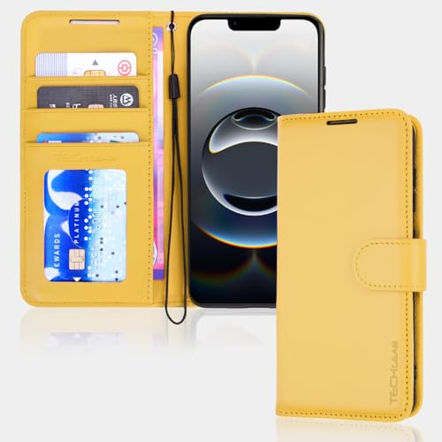 TECHGEAR iPhone 16e / 17e Leather Wallet Case with RFID Blocking, Flip Cover Card Holder, Stand & Wrist Strap - Magnetic Closure Yellow PU Leather Protective Cover for iPhone 17e / 16e