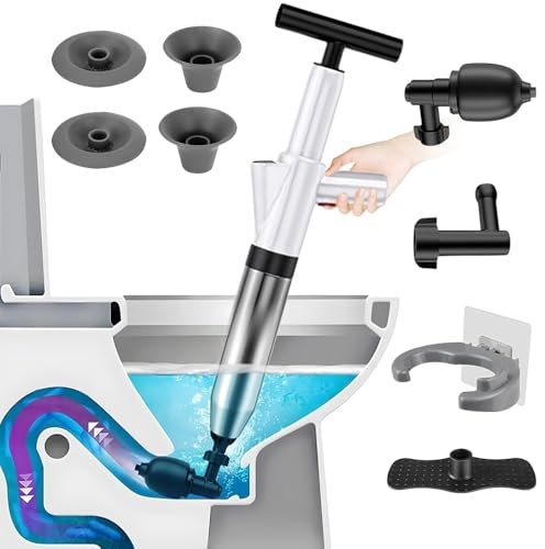 KUWUNG Toilet Unblocker, White Toilet Plunger Heavy Duty, High Pressure Plunger Kit with 4 Replaceable Heads and Inflatable Footbed Unblocking for Sink Toilet Floor Drain and Pipe Clog