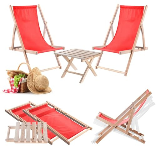 KADAX Klapptisch mit 2 Liegestühlen, Kleiner Gartentisch aus Holz, Beistelltisch für Balkon und Garten, Kaffeetisch klein, Balkontisch klappbar (Rot)