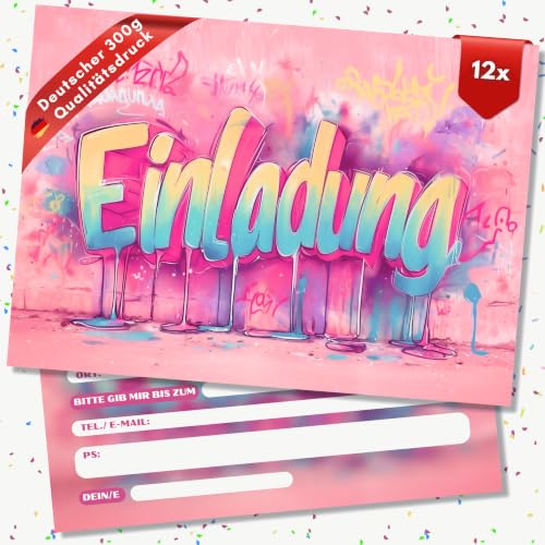 HIDEBLOOM Graffiti Einladungskarten Kindergeburtstag Mädchen und Junge - 12 Stück - DIN A6 (10,5 cm x 14,8 cm) - Geburtstagseinladungen Einladungskarten Geburtstag - Graffiti Rosa