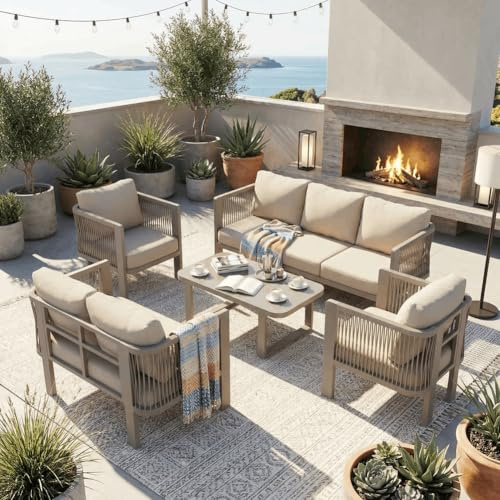 Merax Gartenmöbel Set 5-teilig, 7 Personen Gartenlounge mit 3-Sitzer Sofa, 2-Sitzer Sofa, 2 Sesseln und Couchtisch mit Glasplatte, Outdoor Möbel für Garten Terrasse Balkon, Khaki