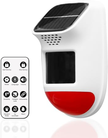 Solar Motion Sensor Alarm with Remote (Custom Voice Recordable) Waterproof | IP65 120dB Security Siren & Strobe Red Light 3 Modes Wireless Infrared Motion Detectors for Yard/Farm/Home 5-8m Detection