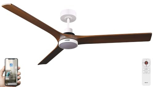 Fanelite - Brasseur d'air 142 cm blanc et bois ARUBA - Moteur DC 35W - Lumière LED 20W dimmable 3 couleurs - Télécommande - Wifi - Contrôles vocaux - 3 pales - Très silencieux