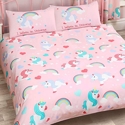 I Believe in Unicorns Double Duvet Cover and Pillowcase Set Pink Bedding New