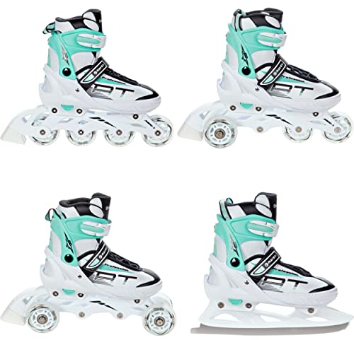 RAVEN Profession 4in1 Inlineskates Triskates Rollschuhe Schlittschuhe Inliner für Kinder und Erwachsene verstellbar (White/Mint, 31-35 (20,5cm-23cm))