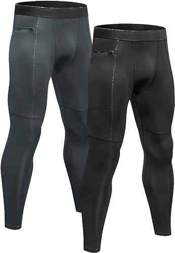 Niksa 2 Pezzi Uomo Pantaloni Tasca con Zip Fitness Abbigliamento Sportivo Compressione Leggings,Compression Pants Baselayer for Gym Jogging Running(Black Gray 1070 M)