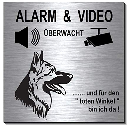 Schäferhund-Alarm-Video-Überwachung-Hund-10 x 10 cm-Schild-Hundeschild-Alu. Edelstahloptik-Hunde-Tierschild-Warnschild-Hinweisschild 1910-97