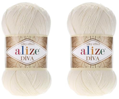 Alize Diva Yarn Handstrickgarn, 100 % Mikrofaser-Acrylgarn, Alize Diva, Seiden-Effekt, Häkelgarn, Kunst, Spitze, Basteln, 2 Knäuel, 200 g, 62 helle Cremefarben