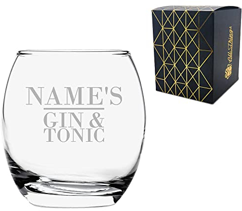 Personalised Engraved Novelty Tondo Tumbler Name's Gin and Tonic Gift Boxed, Round Glass, Engraved in The UK, Holds Up to 405ml/13oz of Liquid, Gift for Her