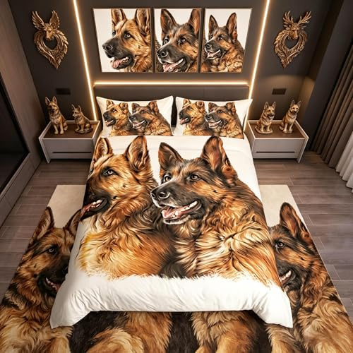 Loussiesd Hunde-Bettwäsche-Set, Aquarell-Motiv mit deutschem Schäferhund, 3D-Tiermuster, Bettbezug für Kinder, Jungen, Herren, hypoallergen, Bettbezug, Dekoration, Schlafzimmer-Kollektion, 2-teilig,