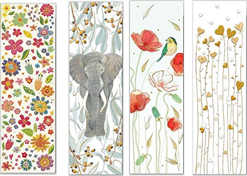 Set aus vier hochwertigen Lesezeichen, geprägtes Reliefpapier (original von Turnowsky, est. 1940) : Elefant, glitzernde Blüten, Meise, Herzen