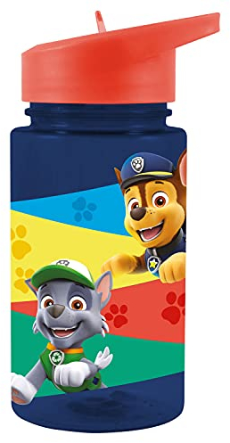 P:os 28230049 PAW Patrol - Trinkflasche für Kinder mit Paw Patrol Motiv und integriertem Strohhalm zum Hochklappen, ca. 450 ml, aus Kunststoff, bpa- und phthalatfrei