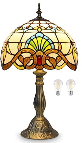 YingJu Tiffany Style Table Lamp, Yellow Baroque Stained Glass Lamp, 12 * 12 * 19 Inch Antique Desk Lamp, for Bedside Nightstand Bedroom Living Room Home Office, Include 2 LED Bulb
