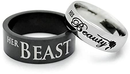 Musihy Damenring Edelstahl, Engagement Ring Gravur his beauty her beast Silber Ringgröße 49