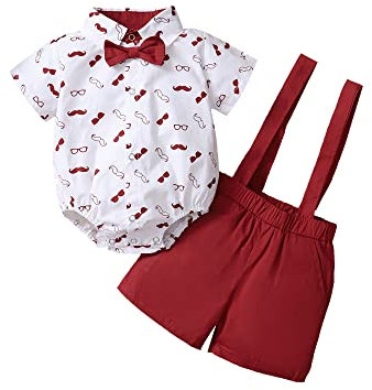 Geagodelia Set di Vestiti per Bambino Estivo Camicia con Manica Corta Stampata con la Barba + Pantaloncini con Bretelle 2 Pezzi Completo Neonato Elegante (Rosso, 3-6 Mesi)