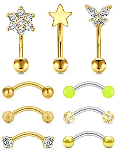 Rajnard 10 Stück Augenbrauenpiercing Rook Piercing Ohrringe 16G 8mm Chirurgenstahl Augenbrauenringe mit Diamant Perle Star Daith Piercing Bauchnabelpiercing