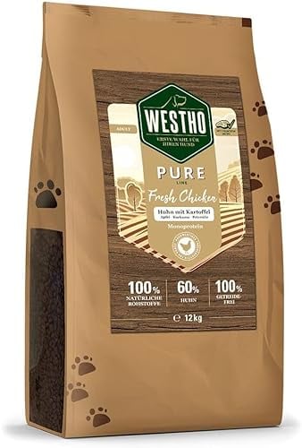 Westho Trockenfutter Pure Huhn & Kartoffel 12 kg | 60% in Lebensmittelqualität | Getreidefrei | bei Unverträglichkeiten & Allergien | Hundefutter für Hunde jeglicher Rasse Alter geeignet